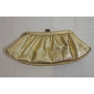 VTG 1960s CMS Clutch Purse Handbag Metallic Gold Foil Hideaway Brass Chain